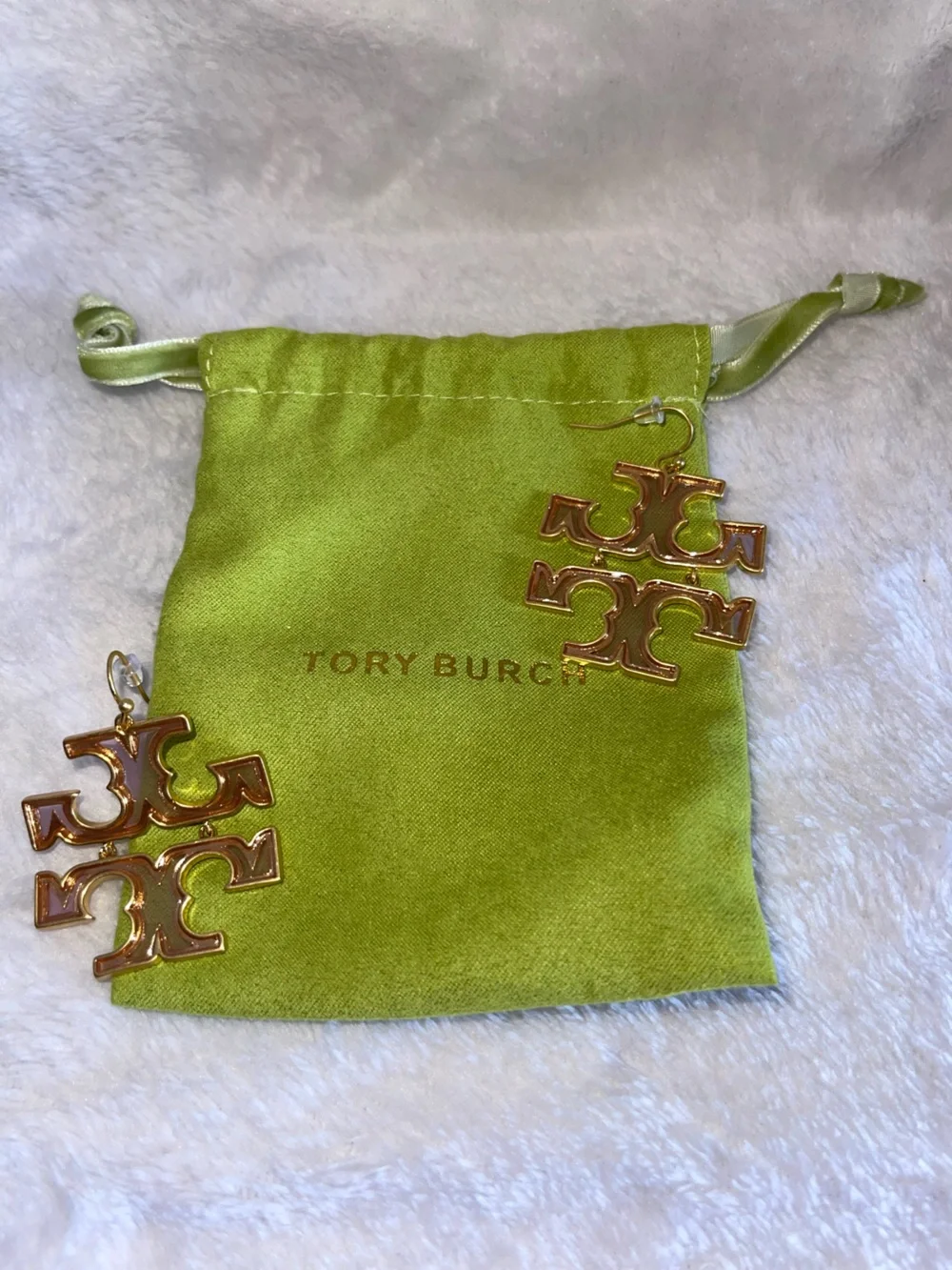 Tory Burch Gold Logo Drop Earrings with Pink Enamel